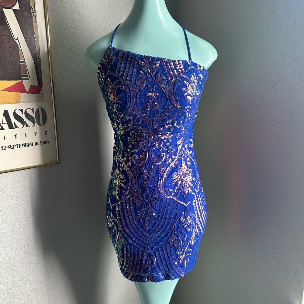 Blue Sequin Halter Dress
